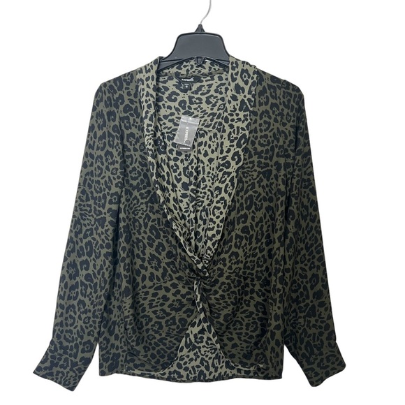 Express Women Size XS Blouse Green Black Animal Print Twist Front Long Sleeve - Picture 11 of 14